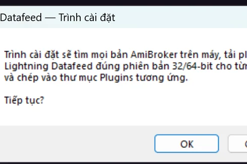 Hộp thoại trình cài đặt báo sẽ tìm mọi bản AmiBroker trên máy và chép đúng bản 32 hoặc 64-bit vào thư mục Plugins tương ứng.